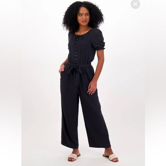 American Eagle Cotton Linen Blend Laced Jumpsuit Romper Short Sleeves M Black - Picture 1 of 15